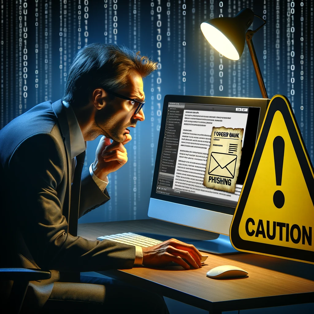 DALL·E 2024-02-21 16.58.28 - Revise the scene to include a stressed-out business person sitting at the dimly lit office desk, their expression fraught with concern as they scrutin Lessons Learned from a Close Call with a Sophisticated Phishing Attack