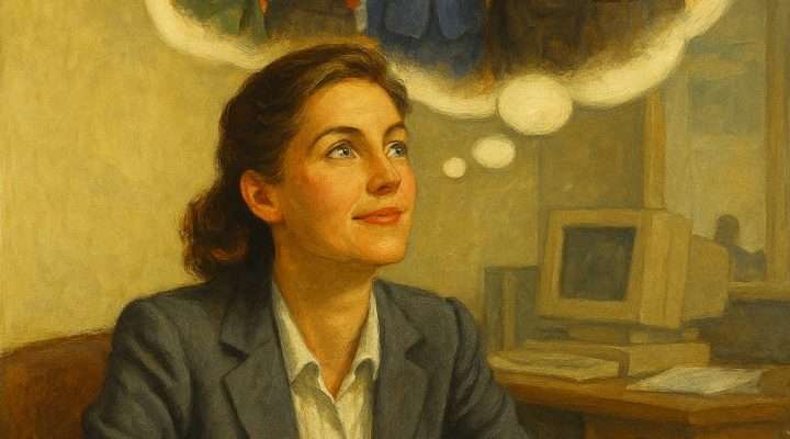 Female financial executive visualizing strategic team alignment in a Norman Rockwell-style painting with office background.