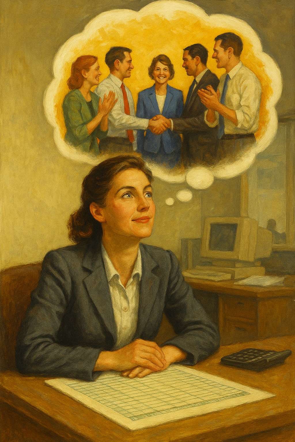 Female financial executive visualizing strategic team alignment in a Norman Rockwell-style painting with office background.